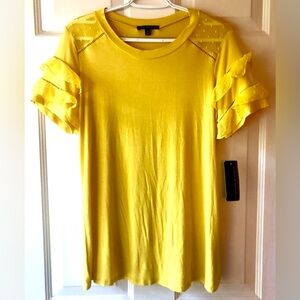 Signature Studio Super Lemon Yellow Swiss Dot Mesh Ruffle Sleeve Knit Top M NWT